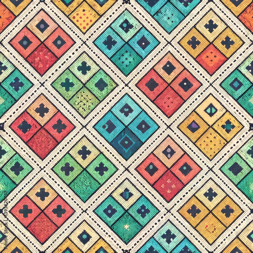 Seamless Geometric Pattern Design Digital Art Decorative Geometry Vibrant Colors Top-Down View Seamless Geometric Pattern Design Digital Art Decorative Geometry Vibrant Colors Top-Down View