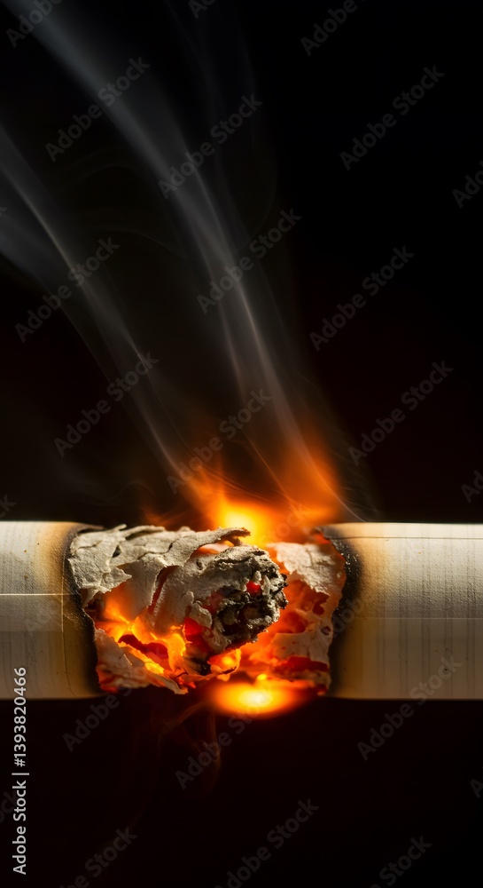 wisps of smoke, dark background, vibrant orange glow, ash, burning cigarette with smoke, a lit cigarette, burning ember,