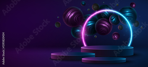 Fashion glowing podium with levitating 3d spheres textured with striped pattern. Pedestal with blue and purple neon arc to display your brand product. Vector illustration. EPS 10