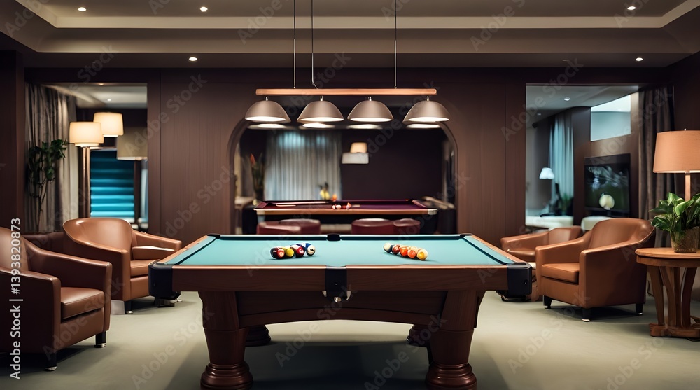 Pool table and furniture in a games room.generative.ai