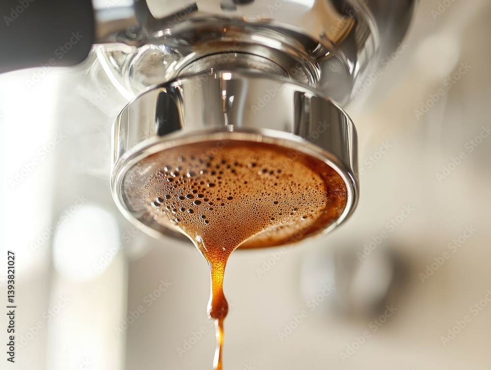 Fototapeta premium Espresso brewing process: Close-up of rich crema pouring from portafilter.