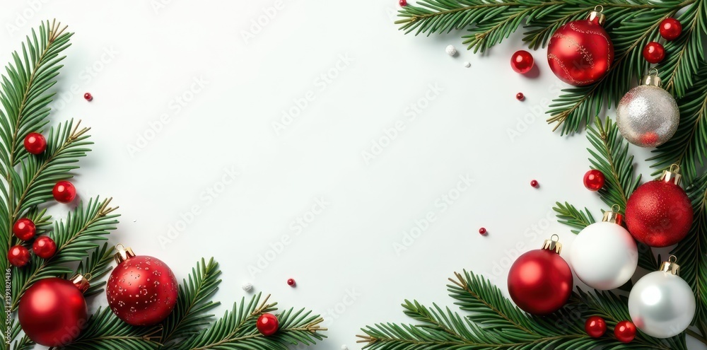 Festive red, green, white ornaments & branches border Ideal for Christmas cards & invitations , fir, invitation, holiday Festive red, green, white ornaments & branches border Ideal for Christmas cards & invitations , fir, invitation, holiday