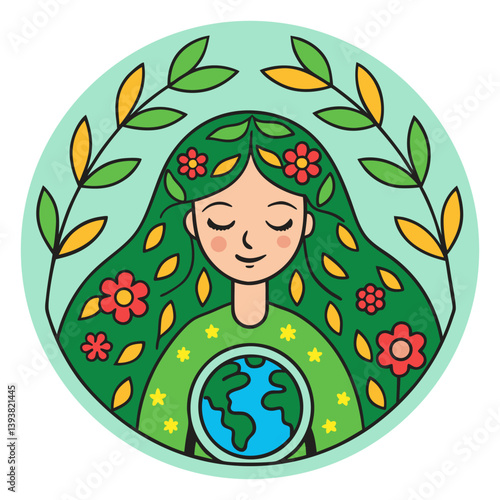 Earth Mother Goddess with Floral Hair and Globe in White Background
