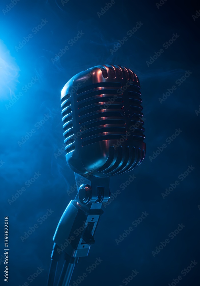intense spotlight, smoky atmosphere, close-up of stage microphone performance, microphone on stage. Shiny metallic microphone, dramatic blue lighting,