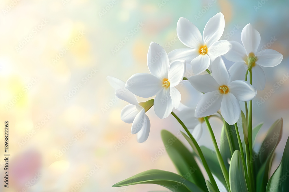 Obraz premium Delicate white flowers blooming in soft morning light with bokeh background