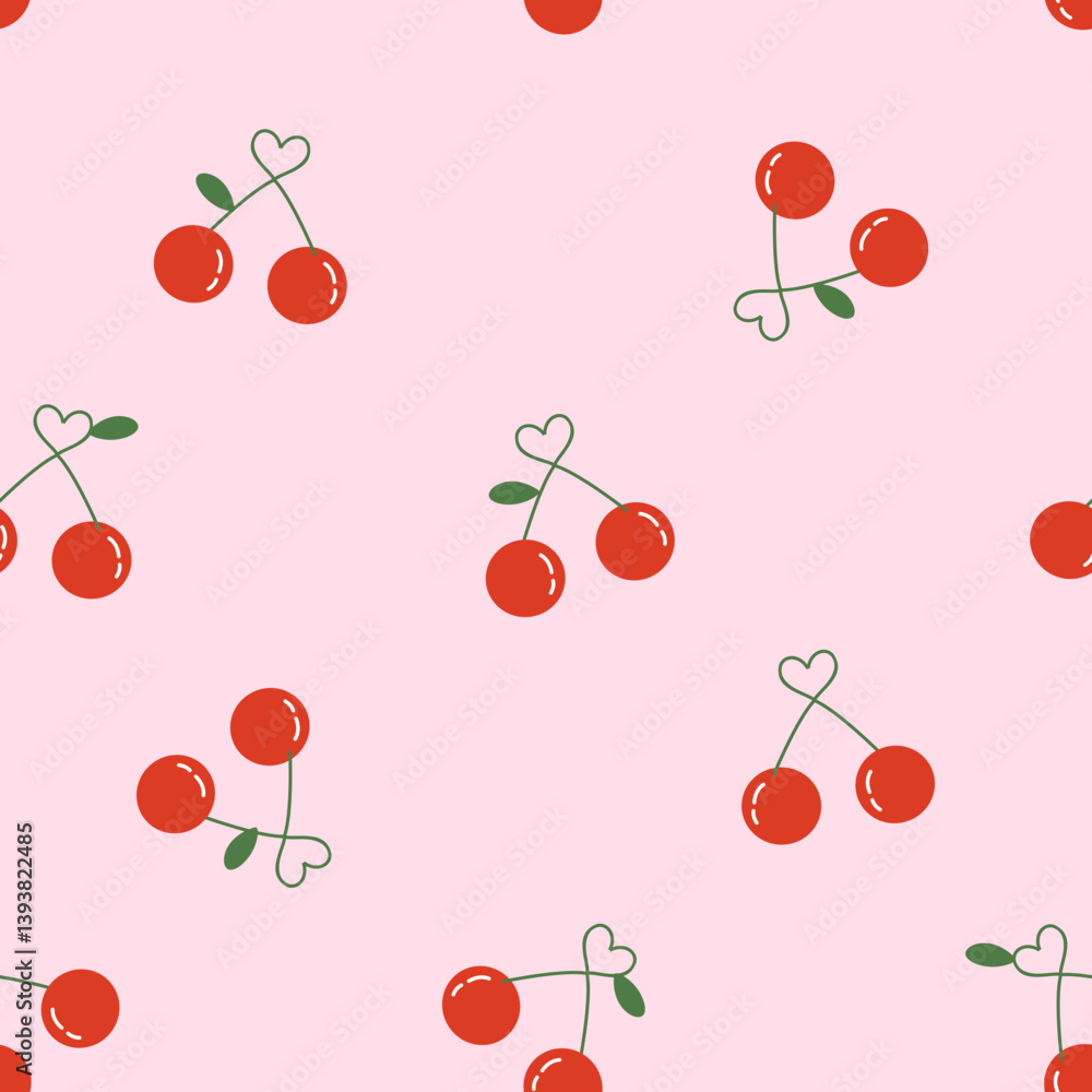Seamless pattern of red cherry fruit with heart shape branches on pink background vector. Seamless pattern of red cherry fruit with heart shape branches on pink background vector.