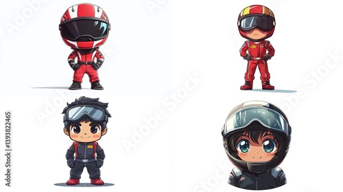 Four cute chibi racing driver illustrations.