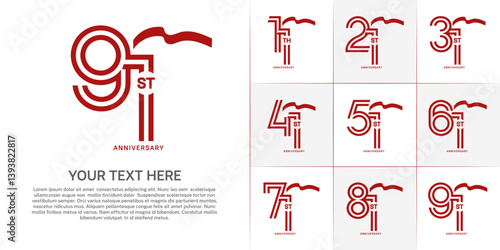 Anniversary logo type set with double line number. red color with long ribbon for celebration event