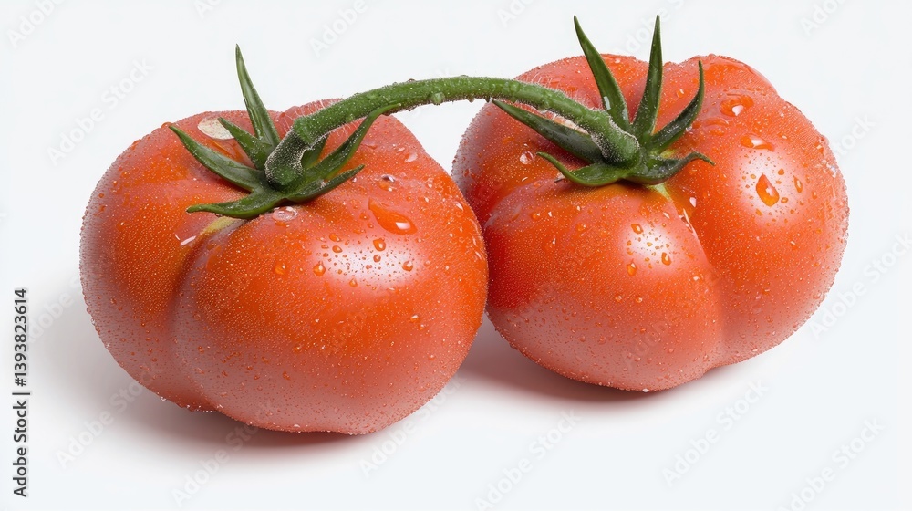 Two fresh, ripe tomatoes with water droplets Two fresh, ripe tomatoes with water droplets