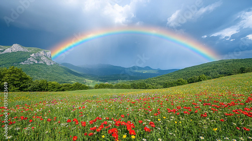 Rainbow over mountain meadow wildflowers
