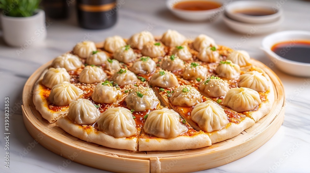 Hybrid dim sum pizza featuring dumpling like toppings soy glaze Hybrid dim sum pizza featuring dumpling like toppings soy glaze