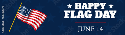 Commemorative banner for U.S. Flag Day featuring a waving American flag, and a starry blue background. Ideal for patriotic June 14 celebrations and graphic design projects.