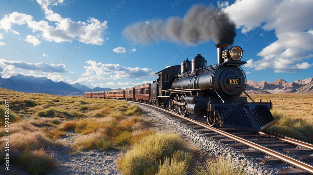 Obraz premium Steam Locomotive Traveling Through Scenic Landscape with Mountains