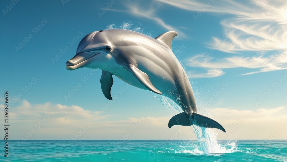 Obraz premium Majestic Dolphin Leaping Ocean Splash Aquatic Wildlife Summer Sky
