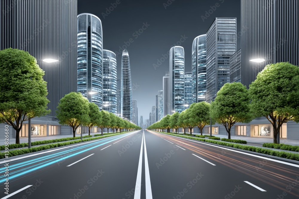 A time-lapse style city street with electric car trails and clean air atmosphere A time-lapse style city street with electric car trails and clean air atmosphere