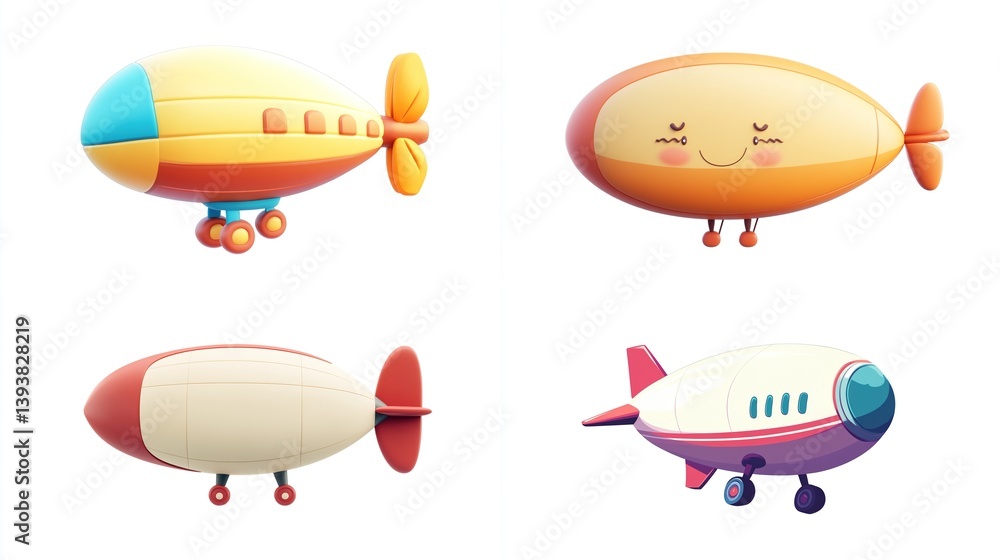 Four cute cartoon airship and airplane designs. Four cute cartoon airship and airplane designs.