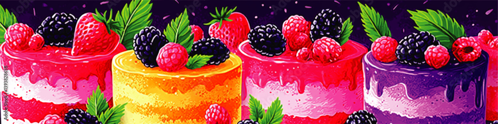 Vibrant Vector Illustration of Gourmet Fruit Cakes Decorated with Fresh Strawberries Blackberries and Raspberries Colorful Delicious Dessert Artwork Background Vibrant Vector Illustration of Gourmet Fruit Cakes Decorated with Fresh Strawberries Blackberries and Raspberries Colorful Delicious Dessert Artwork Background