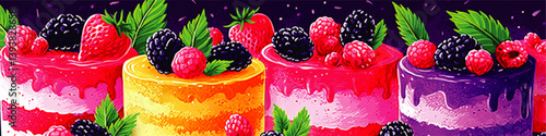 Vibrant Vector Illustration of Gourmet Fruit Cakes Decorated with Fresh Strawberries Blackberries and Raspberries Colorful Delicious Dessert Artwork Background