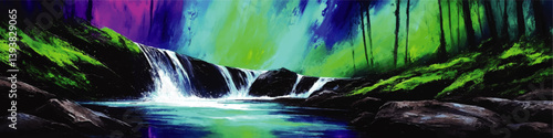 Stunning Vector Illustration of Vibrant Northern Lights Illuminating Majestic Forest Waterfall Wilderness Scene with Aurora Borealis and Lush Green Forest Landscape