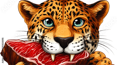 Stunning Vector Illustration of Hungry Leopard Eating Fresh Raw Meat Vivid Detailed Realistic Wildlife Graphic Art Design Predatory Animal with Bright Blue Eyes Image