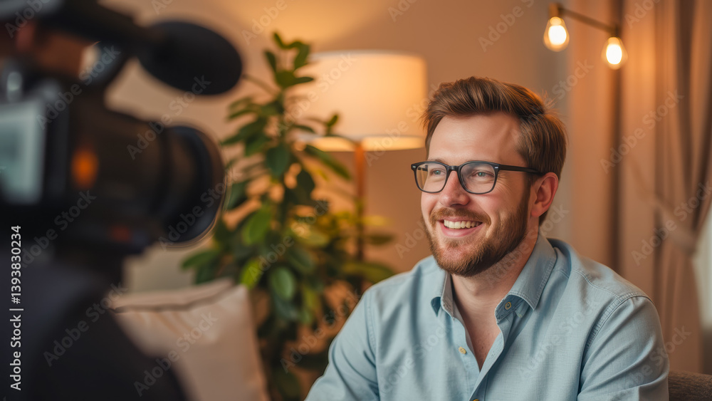 Smiling man with glasses sitting in front of camera during video recording at home with soft lighting and indoor plants in background Smiling man with glasses sitting in front of camera during video recording at home with soft lighting and indoor plants in background