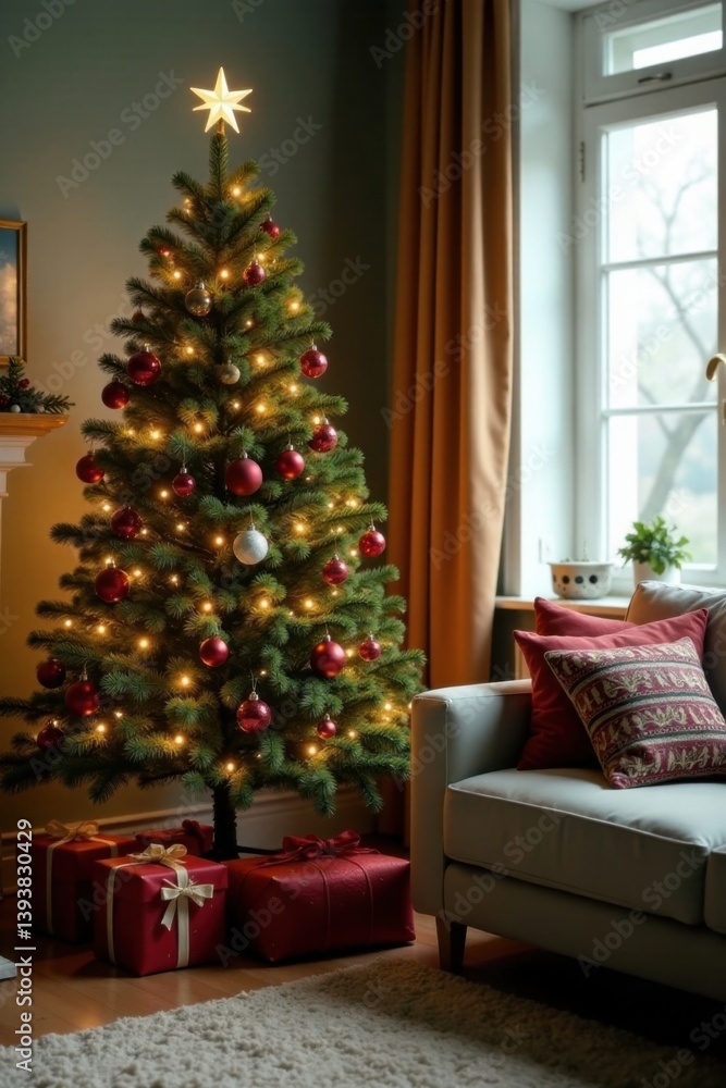 Evergreen Christmas tree with ornaments and lights in a cozy living room, Living room, Christmas tree Evergreen Christmas tree with ornaments and lights in a cozy living room, Living room, Christmas tree