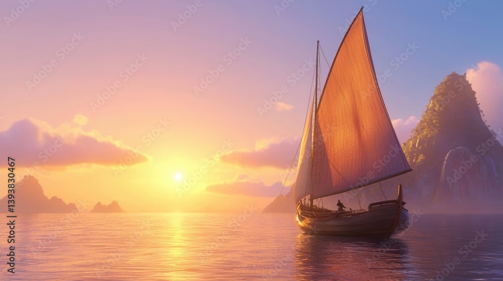 Fototapeta premium Serene Sunset Over Open Sea with Traditional Sailboat
