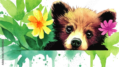 Adorable Watercolor Illustration of Bear Cub with Bright Yellow and Pink Flowers Surrounded by Vibrant Green Leaves Perfect for Nursery Decor and Children's Designs