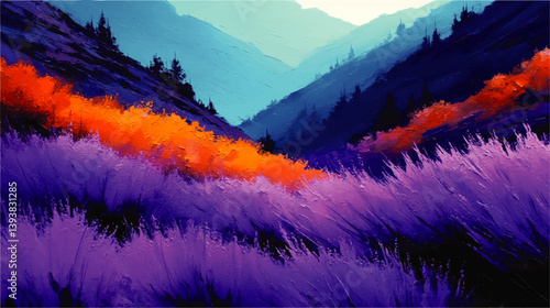 Stunning Vector Illustration of Mountain Landscape with Vibrant Purple and Orange Wildflowers Scenic Valley Artistic Nature Background for Inspirational Wall Art Decor
