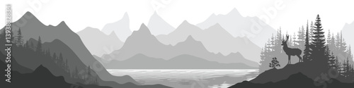 Black and white mountain landscape, lake and forest, deer on a rock, panoramic view, vector illustration