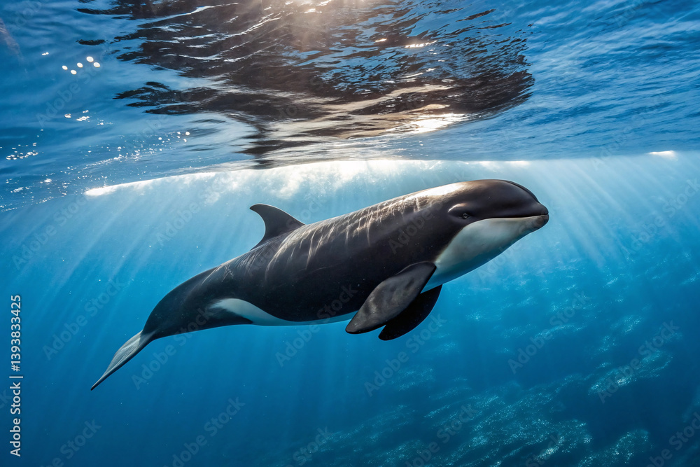 Obraz premium A pilot whale swims serenely beneath shimmering water, sunlight streaming through the surface. Its dark, smooth body contrasts beautifully with the blue ocean depth