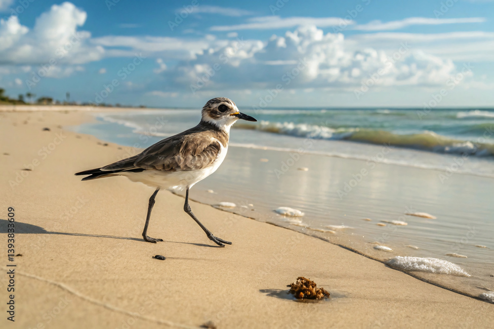 Fototapeta premium This beach plover strolls confidently along wet sand. Gentle waves and sunlit clouds frame the shoreline, capturing the essence of a quiet coastal morning