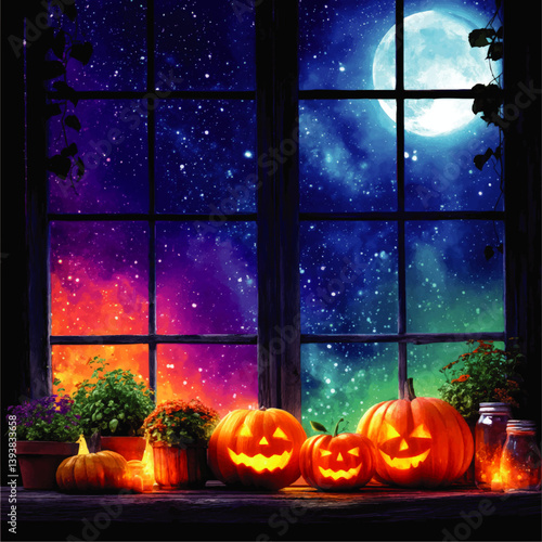 Enchanting Halloween Vector Illustration with Glowing Pumpkin Lanterns Colorful Starry Night Sky Full Moon Window View Festive Autumn Mystical Decoration Concept Art