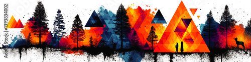 Vibrant Abstract Vector Forest Scene Featuring Geometric Triangles, Colorful Trees, Wildlife Silhouettes and Human Figures in Modern Artistic Graphic Design Style