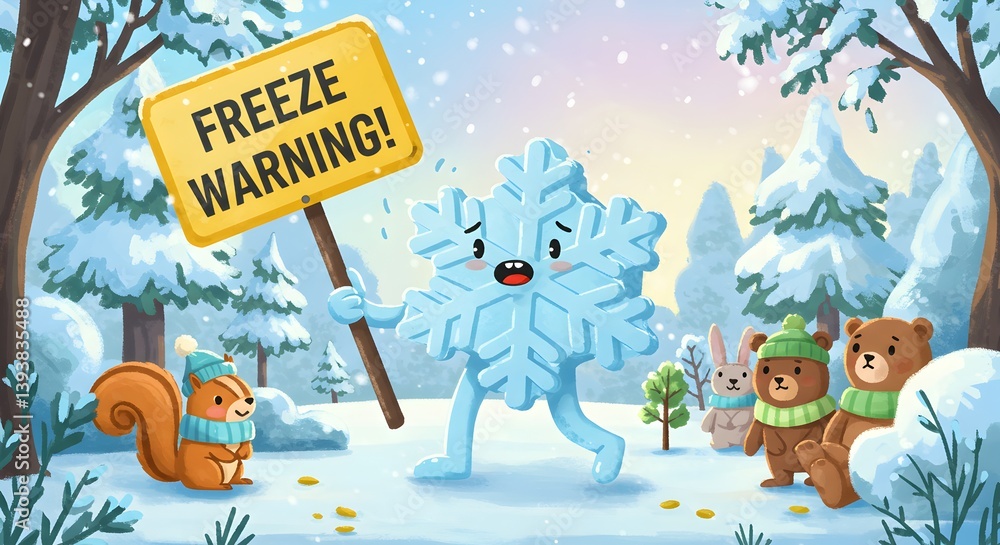 Fototapeta premium Adorable Cartoon Snowflake Issues Freeze Warning in Snowy Winter Forest Illustration