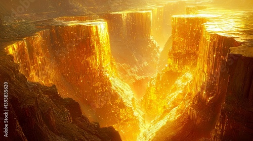Golden Canyon: A Surreal Landscape of Glowing Cliffs and Majestic Rock Formations. A digital artwork of vibrant color and texture.