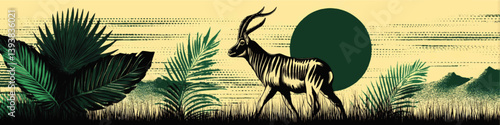 Exotic Vector Illustration of Antelope Wildlife Scene with Palm Leaves Mountain Landscape Abstract Background in Green and Yellow Tones Artistic Nature Design Image
