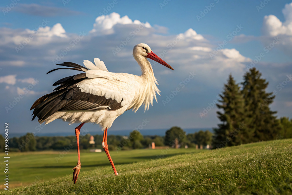Fototapeta premium Set against a wide countryside, a poised White Stork walks with elegance. Its feathered wings flutter slightly as a breeze rolls across the grassy hill