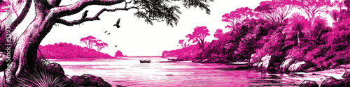 Stunning Pink Vector Landscape Illustration Featuring Calm River with Boat Trees Rocks Detailed Foliage Birds Forest Scenic Nature Panorama Vector Artwork Design