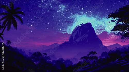 Stunning Vector Illustration of Starry Night Sky Over Tropical Mountain Landscape with Palm Trees Under Beautiful Purple and Blue Twilight Sky Nature Scenic Background