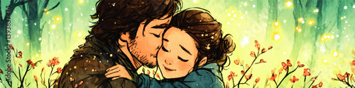 Romantic Vector Illustration of Loving Couple Hugging and Kissing in Enchanting Forest with Blossoming Flowers Fireflies and Beautiful Magical Nature Background Art