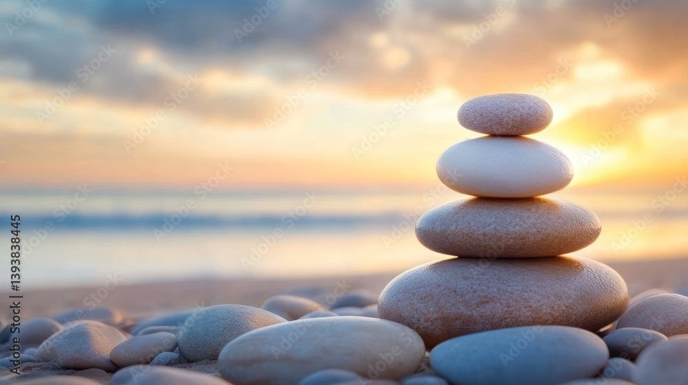 Stacked stones at sunset on a beach. Peaceful scene Stacked stones at sunset on a beach. Peaceful scene