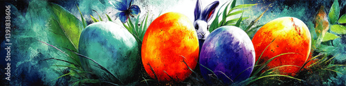 Vibrant Easter Vector Art Illustration Featuring Colorful Decorated Eggs Hidden in Grass with Bunny Butterfly Green Leaves Spring Theme Holiday Background Design