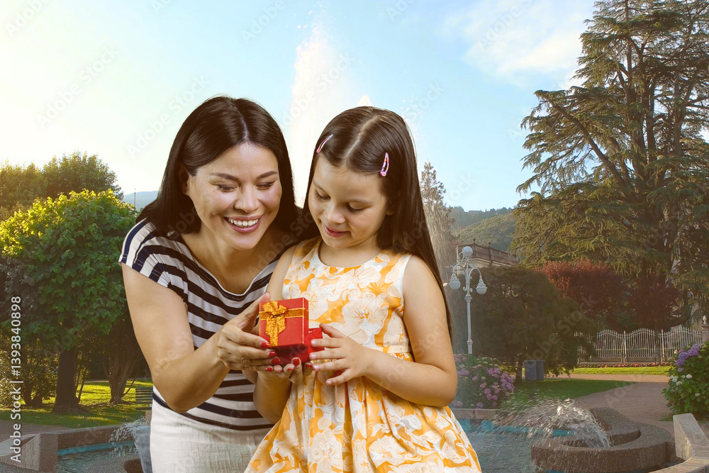 Fototapeta premium Young brunette woman and little girl open a red gift box together. Summer sunny park background.