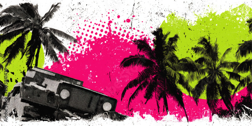 Vibrant Tropical Vector Illustration with Palm Trees, Abstract Grunge Background, Neon Colors, Pink and Green Halftone Patterns Suitable for Modern Summery Designs