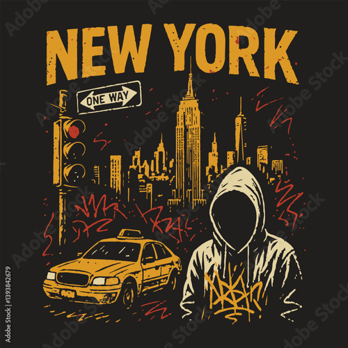 Urban New York street art design featuring graffiti, a hoodie figure, taxi, and skyline. Gritty city vibes perfect for bold t-shirt prints.