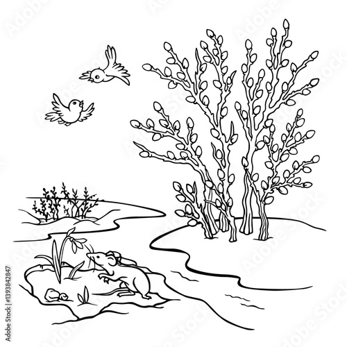 Spring landscape. Hand drawn outline seasonal illustration with melting snow, stream, thawed patch, blooming willow bush, mouse sniffing snowdrop and singing birds. Signs of Spring Coloring Page.