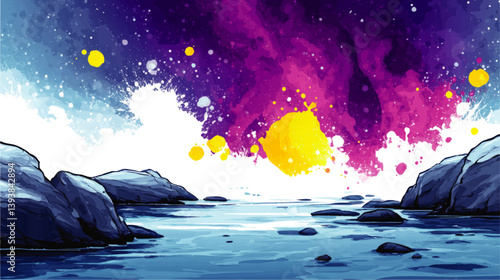 Stunning Vibrant Vector Landscape Illustration Featuring Cosmic Galaxy Sky With Purple Yellow Blue Colors Rocky Shoreline Calm Waters Artistic Abstract Nature Scene