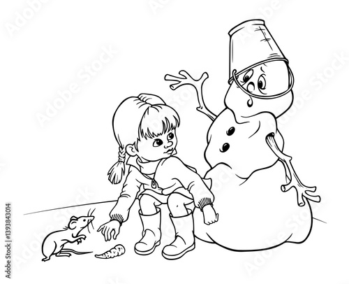 A little girl squatted down to pick up the carrot nose of a melting snowman with a bucket on his head, who sadly watched as a mouse was about to eat his nose. Outline composition for a coloring book