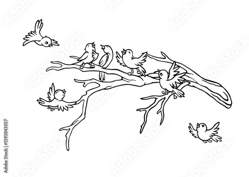 Little cartoon birds sparrows or tits fly around a bare tree branch, chirping and singing cheerfully. Signs of spring. Hand-drawn outline season composition for a postcard and coloring book